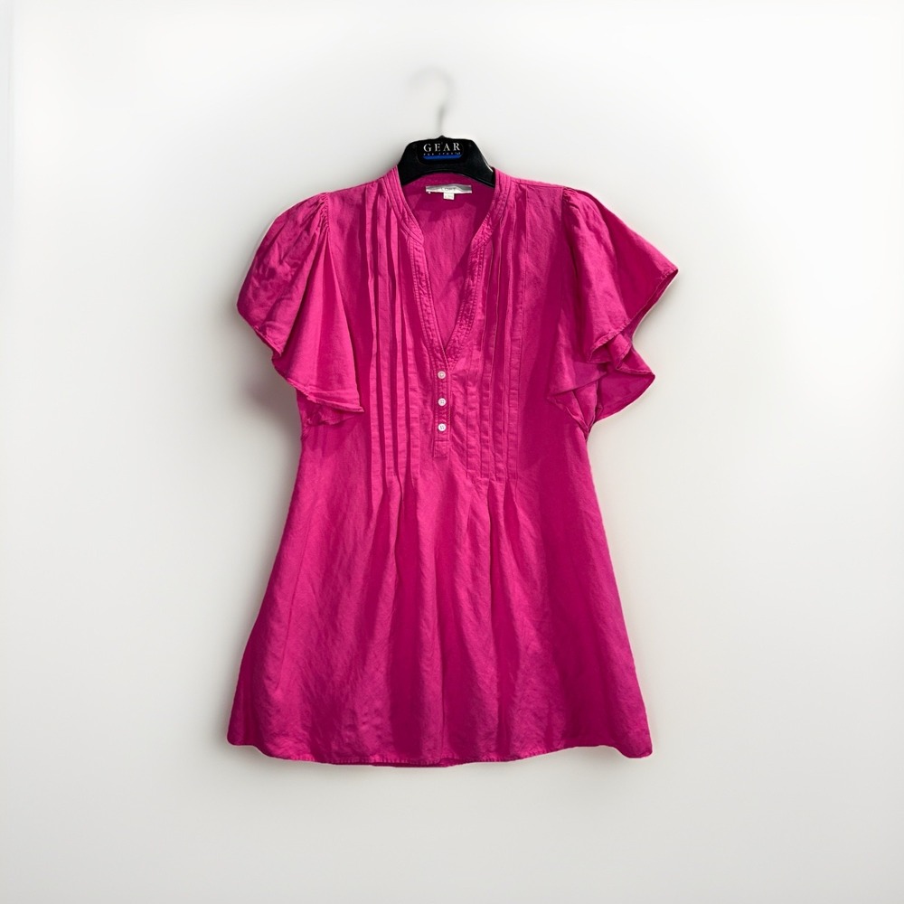 LOFT Flutter Sleeve Dress Women's Medium Hot Pink Linen Blend Pintuck Boho Tunic